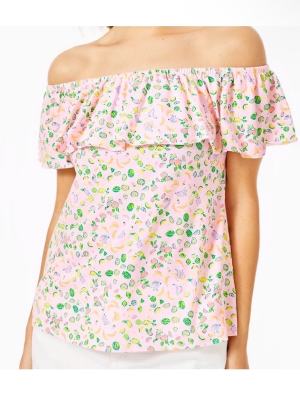 Lilly Pulitzer La Fortuna Fruit Print Off Shoulder Ruffle Top Medium
